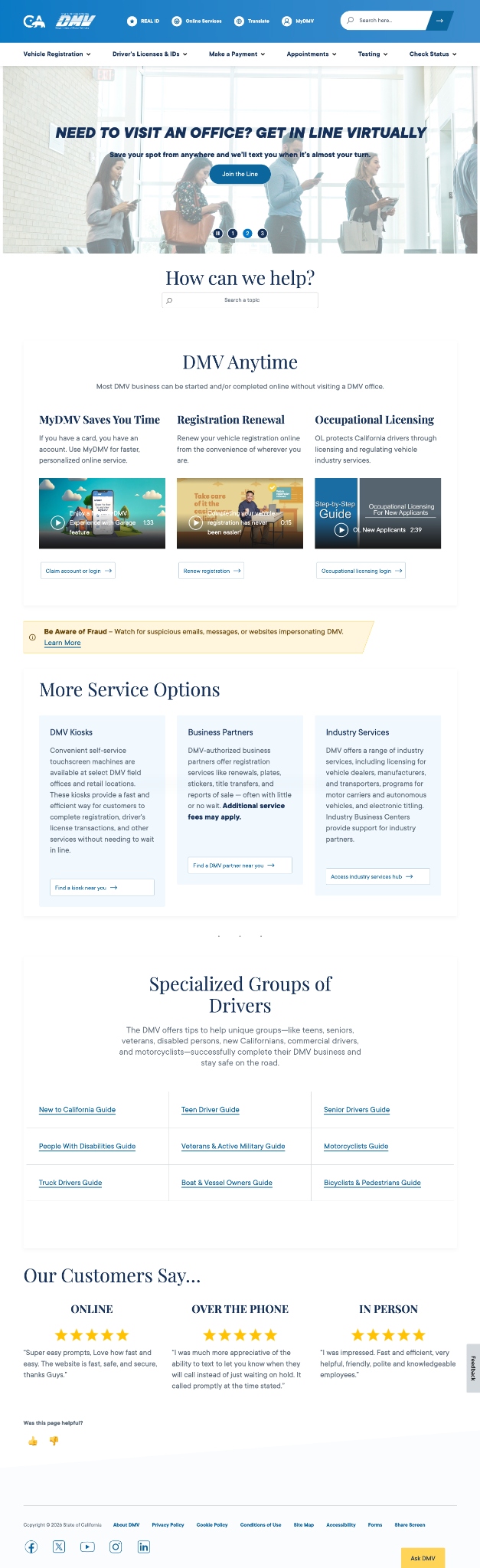 Original California DMV homepage screenshot with carousel, search, DMV Anytime cards, fraud alert, service options, specialized driver groups, testimonials, and footer.