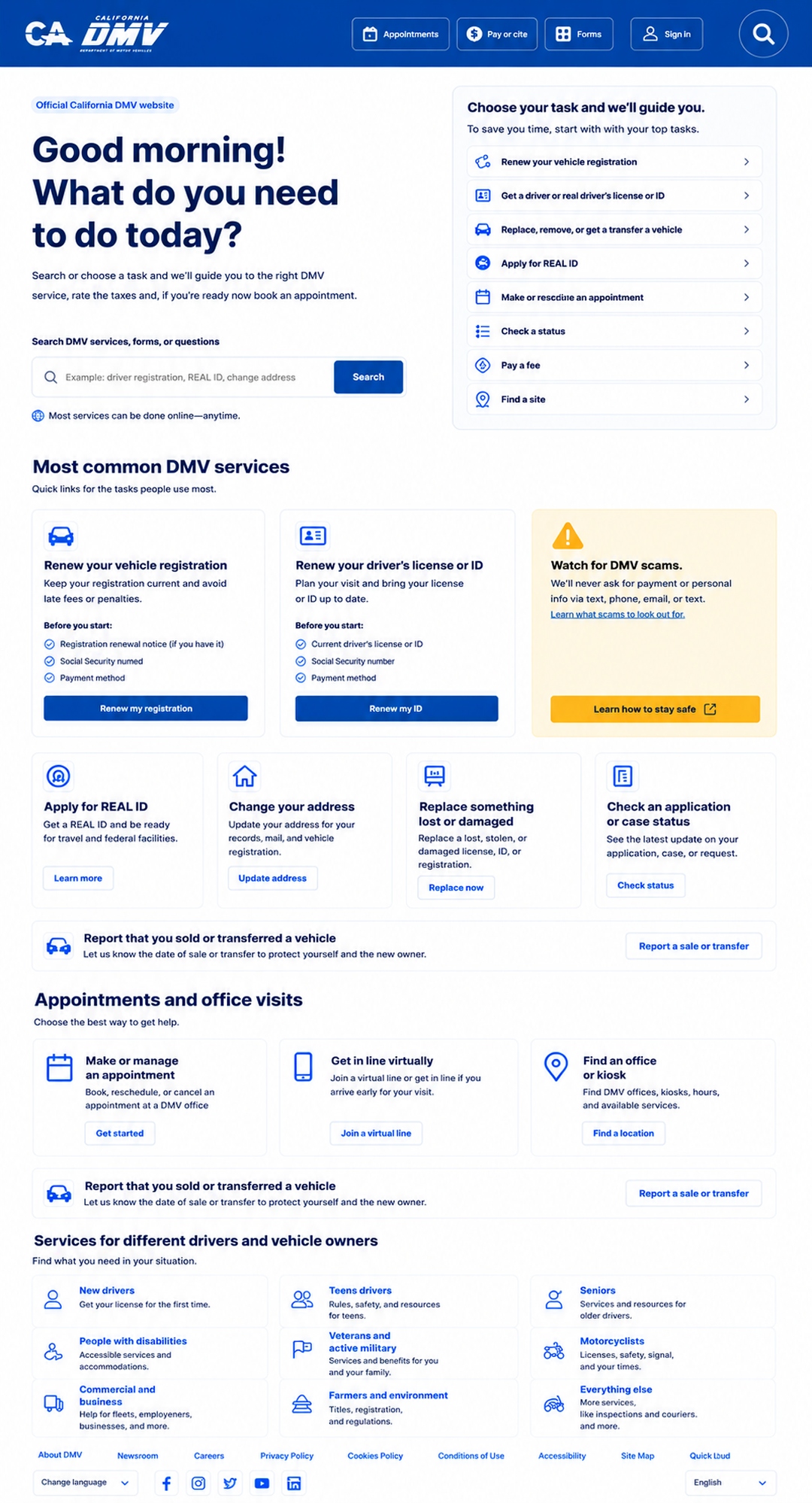 Redesigned California DMV homepage concept showing the expected after state.